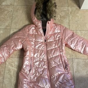 Lands End girls parka in a shiny pink with a soft fleece lining.